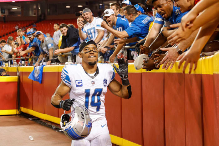 Detroit Lions wide receiver Amon-Ra St. Brown celebrates at Arrowhead Stadium